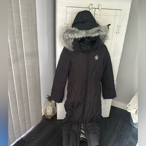 🍍 Apple Bottoms Full Length Feather Down Coat Parka Faux Fur Trim Hood MED🍍